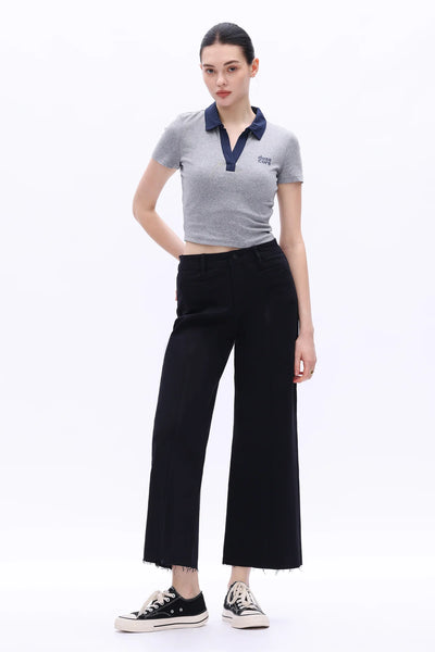 High Rise Wide Leg Black Denim Raw Hem