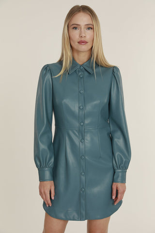 Vegan Leather Shirt Dress Aqua