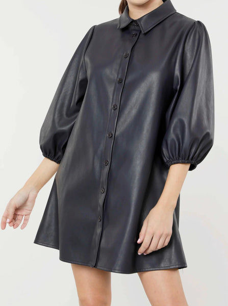 Classic Faux Leather Dress with Puff Sleeves