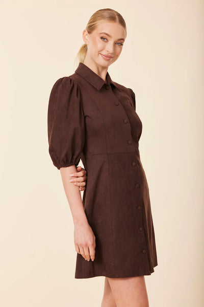 Faux Suede Puff Shoulder Dress- Coffee