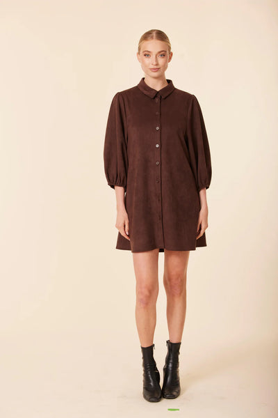 Faux Suede Exaggerated Sleeve Dress- Coffee