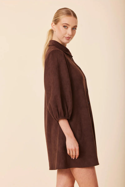 Faux Suede Exaggerated Sleeve Dress- Coffee