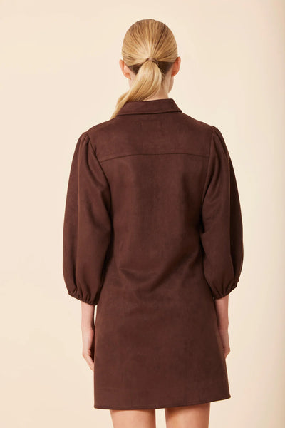 Faux Suede Exaggerated Sleeve Dress- Coffee