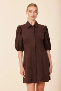 Faux Suede Puff Shoulder Dress- Coffee
