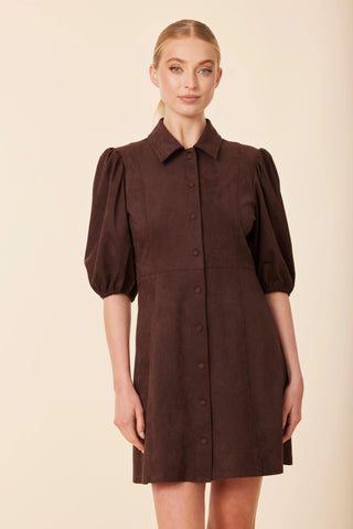 Faux Suede Puff Shoulder Dress- Coffee