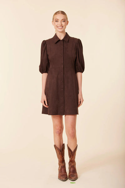 Faux Suede Puff Shoulder Dress- Coffee