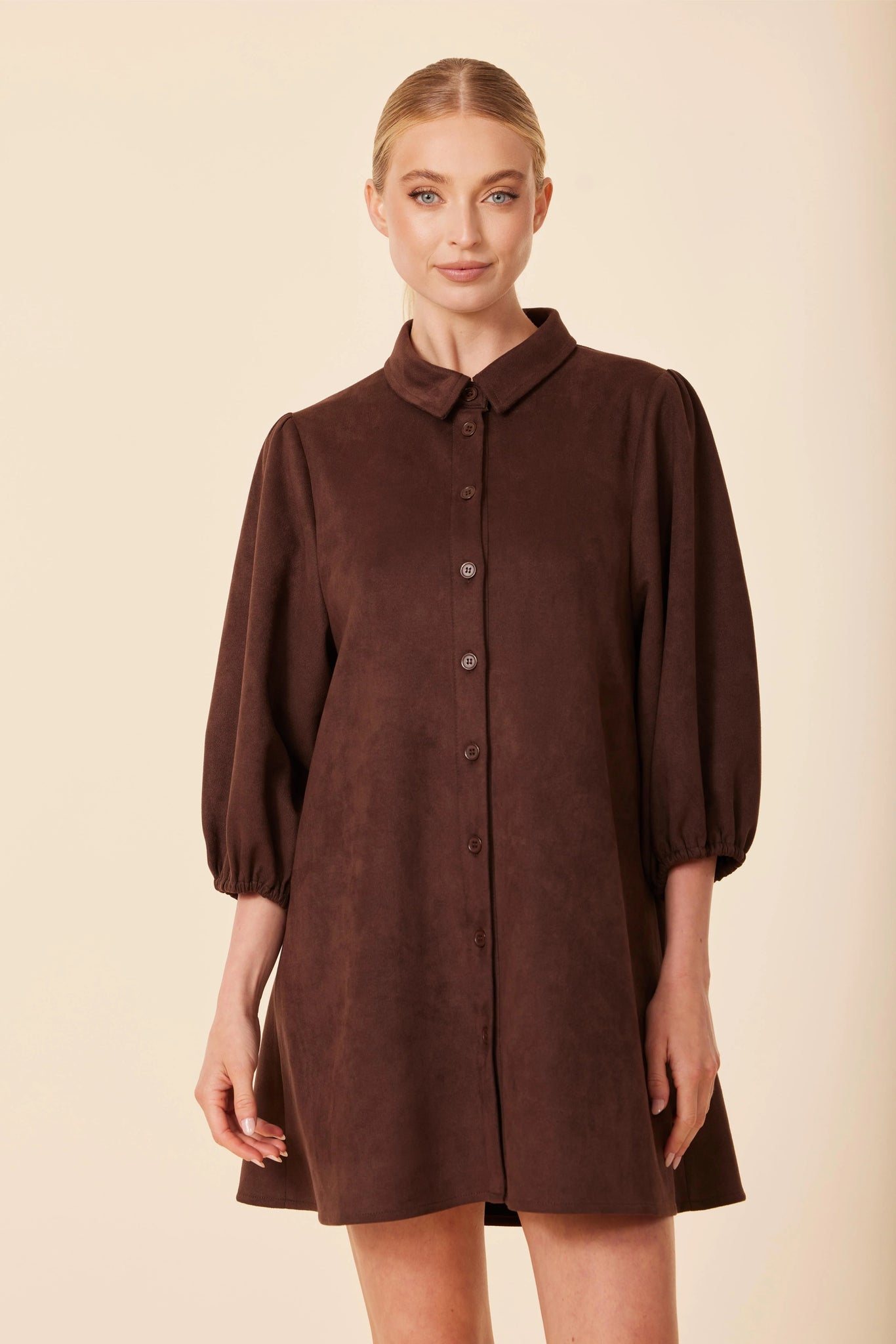 Faux Suede Exaggerated Sleeve Dress- Coffee