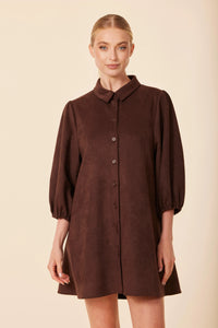 Faux Suede Exaggerated Sleeve Dress- Coffee