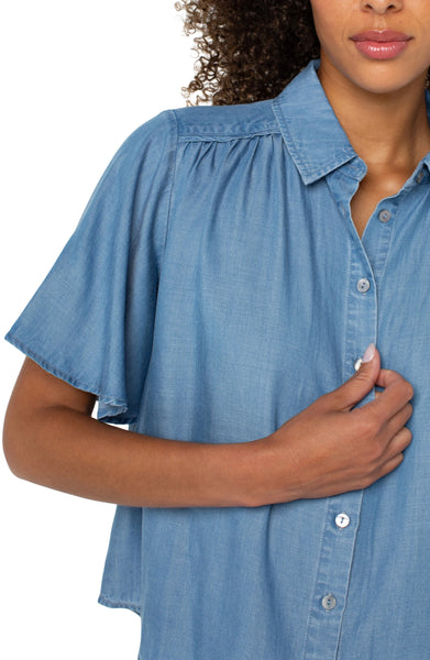 1/2 Sleeve Shirred Button Up Shirt