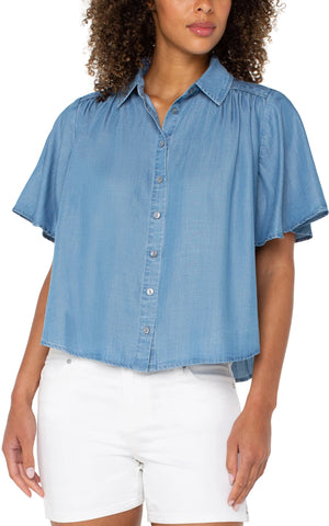 1/2 Sleeve Shirred Button Up Shirt