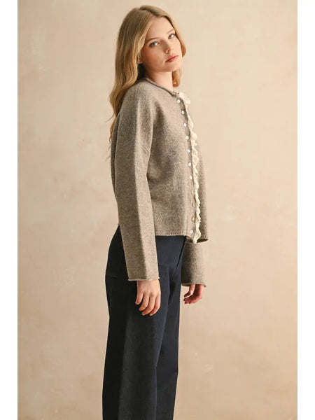 Button Front Lace Trim Cardigan
