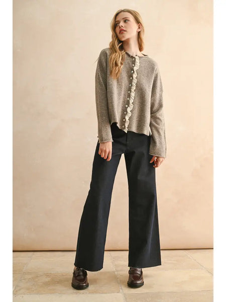 Button Front Lace Trim Cardigan