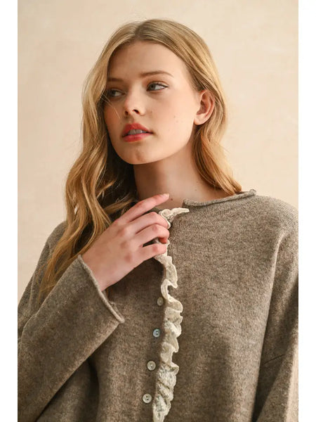 Button Front Lace Trim Cardigan