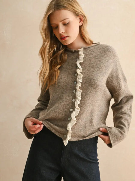 Button Front Lace Trim Cardigan