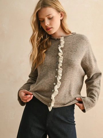 Button Front Lace Trim Cardigan