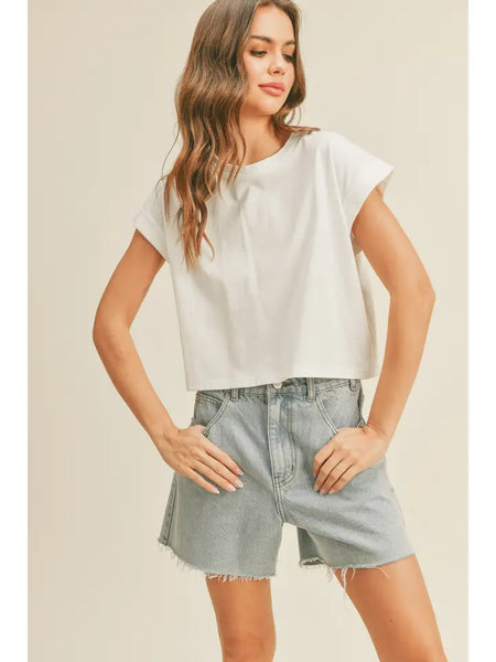Round Neck Cuffed Sleeve Crop Top