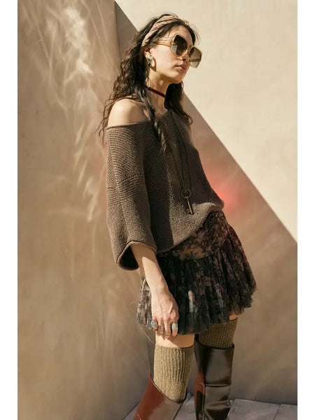 Short-Sleeve Pointelle Off Shoulder Sweater