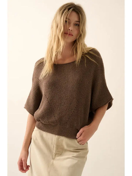 Short-Sleeve Pointelle Off Shoulder Sweater