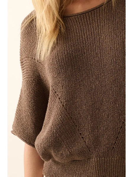 Short-Sleeve Pointelle Off Shoulder Sweater