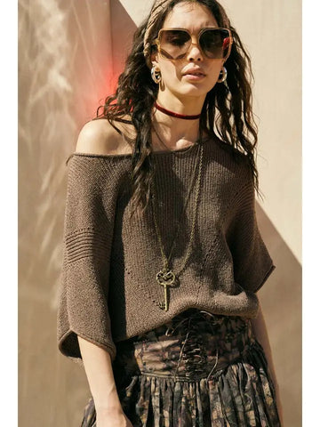 Short-Sleeve Pointelle Off Shoulder Sweater