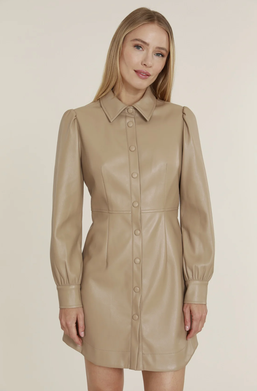 Vegan Leather Shirt Dress Sand – Gracie's Boutique