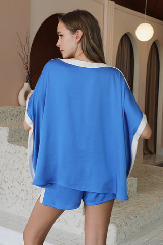 Clean Blue Silk Contrast Band Top