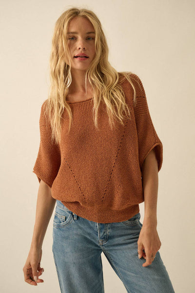 Short-Sleeve Pointelle Ribbed Knit Sweater