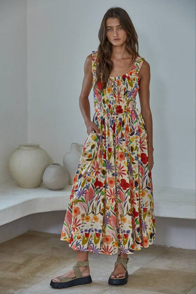 Woven Cotton Rayon Floral Print Sleeveless Dress