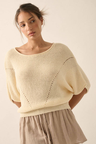 Short-Sleeve Pointelle Ribbed Knit Sweater