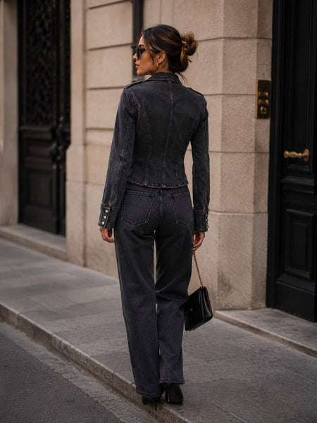 Women's denim officer-style jacket – fitted cut, stand-up collar & metal frog closures