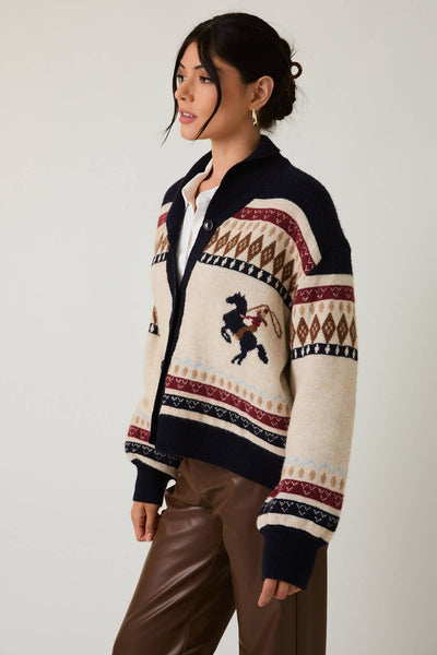 HORSE GRAPHIC BUTTON UP OVERSIZE SWEATER CARDIGAN