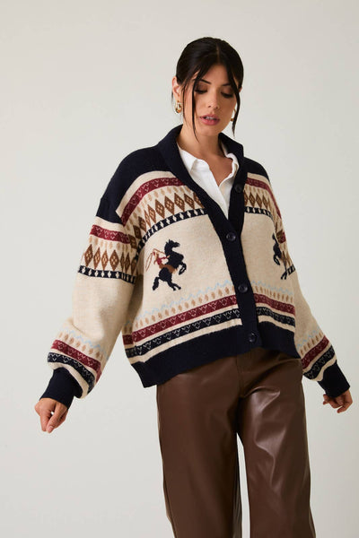 HORSE GRAPHIC BUTTON UP OVERSIZE SWEATER CARDIGAN
