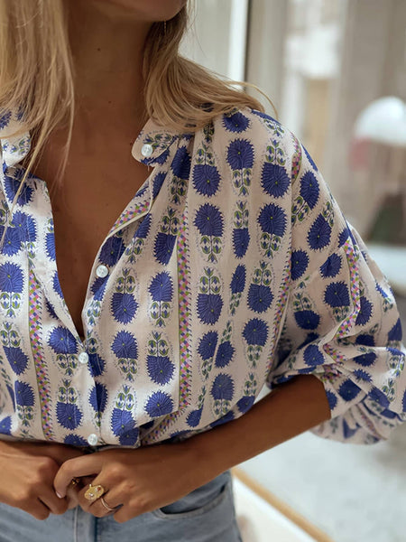 Boho Leisure Lotus Floral Button-Up Shirt