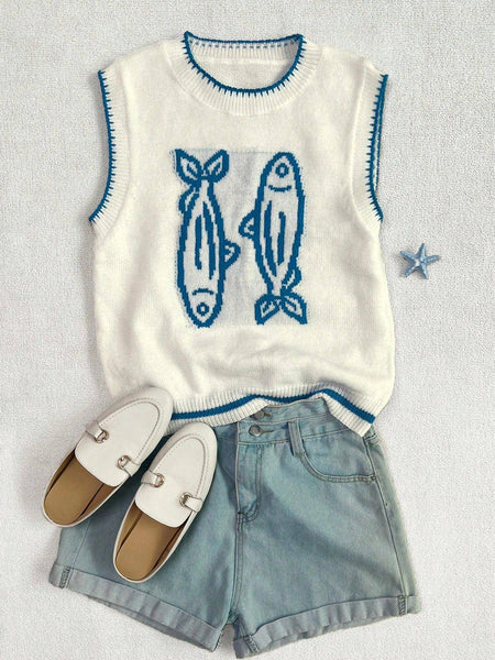 Fishes Sardines pattern knit sweater vest tank top