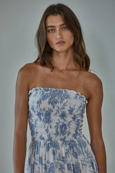 Woven Cotton Rayon Floral Smocked Strapless Midi