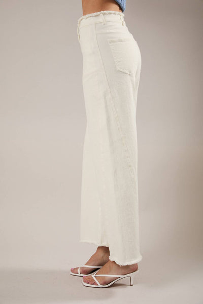 FRAYED WAIST& STRETCH IN WHITE TWILL PANTS