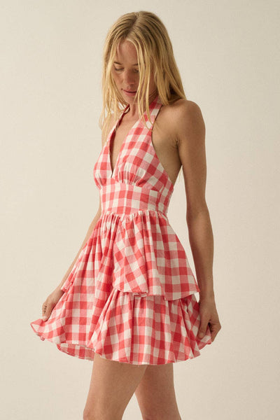 Gingham Plaid Ruffle Peplum V-Neck Halter Romper