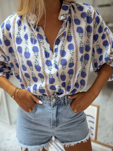 Boho Leisure Lotus Floral Button-Up Shirt