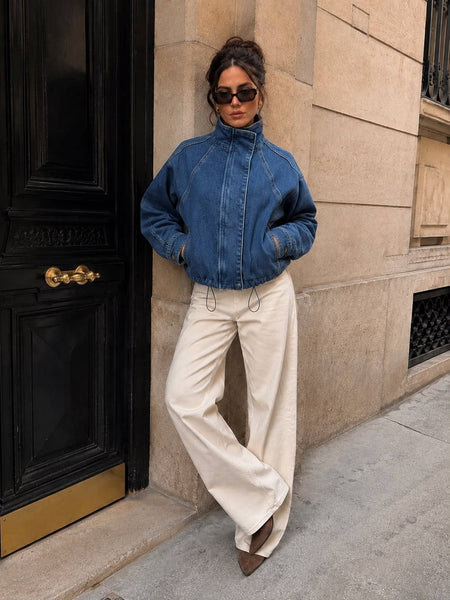 Short Oversized Denim Jacket with Stand Collar – Chic Urban Style