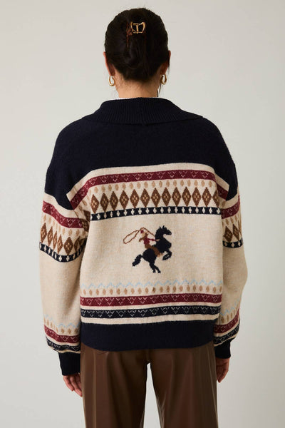 HORSE GRAPHIC BUTTON UP OVERSIZE SWEATER CARDIGAN
