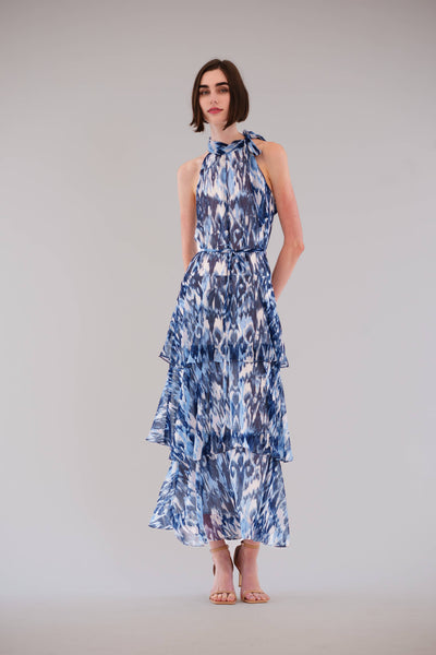LONG TRIPLE TIER DRESS WITH TIE NECK