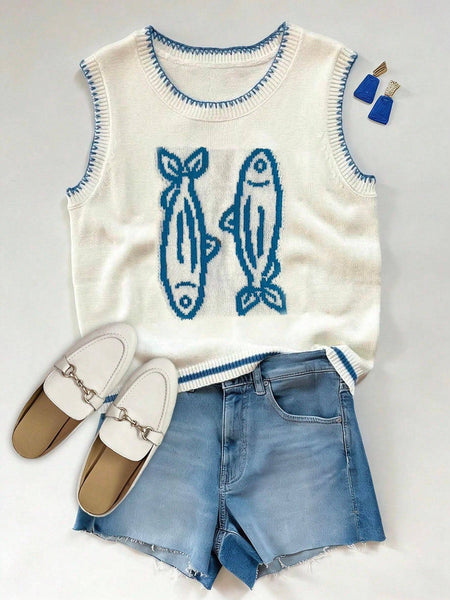 Fishes Sardines pattern knit sweater vest tank top