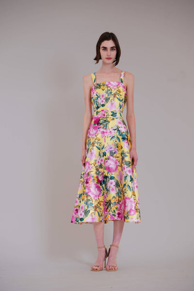 Sleeveless printed midi dress with belt