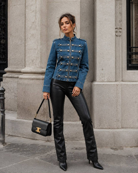 Women's denim officer-style jacket – fitted cut, stand-up collar & metal frog closures