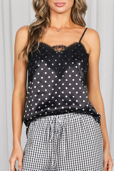 Dot Print Adjustable Strap Lace Accent Camisole Top VT31841A