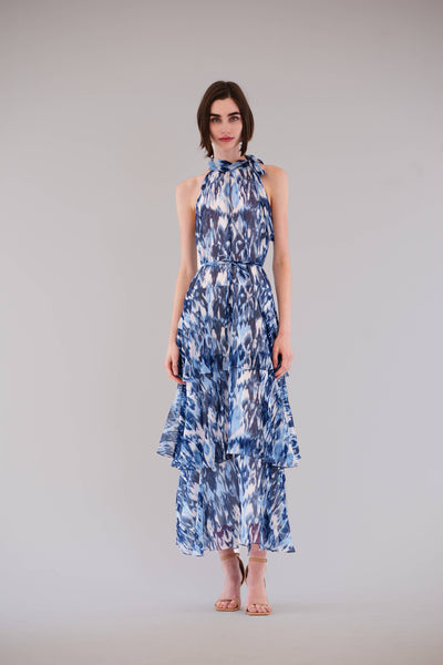 LONG TRIPLE TIER DRESS WITH TIE NECK
