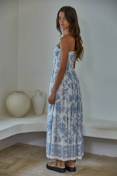 Woven Cotton Rayon Floral Smocked Strapless Midi