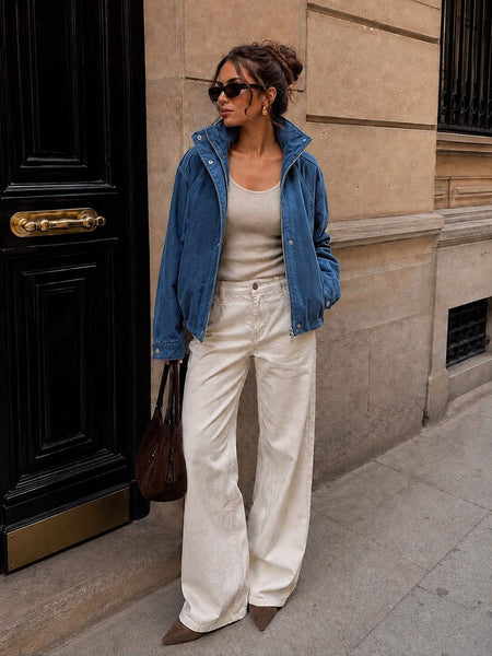 Short Oversized Denim Jacket with Stand Collar – Chic Urban Style
