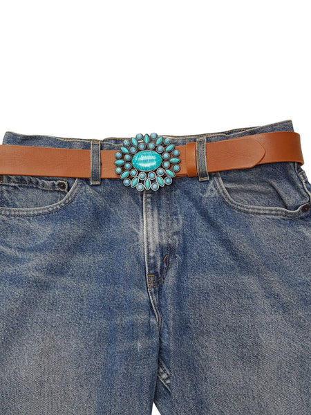 Genuine leather belt w. Western Turquoise Floral Buckle