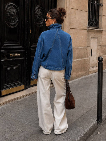 Short Oversized Denim Jacket with Stand Collar – Chic Urban Style